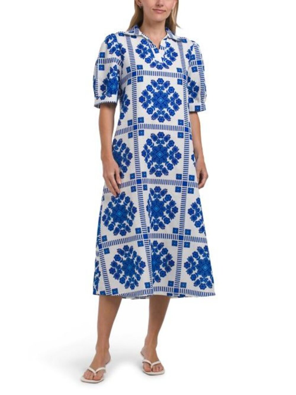 TERZO MILLENNIO Made In Italy Linen Blend Short Sleeve Tile Print Dress - Picture 1 of 4